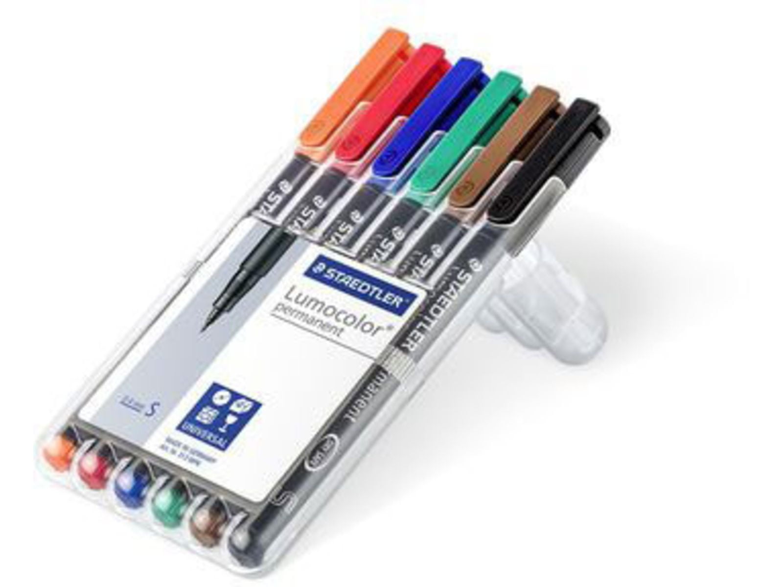 Staedtler Lumocolor Permanent Superfine Pen Pack - 6 Colors w/ Stand-Up Box - Red, Blue, Orange, Green, Brown, Black
