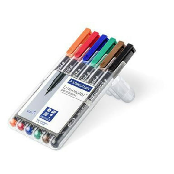 Staedtler Lumocolor Permanent Superfine Pen Pack - 6 Colors w/ Stand-Up Box - Red, Blue, Orange, Green, Brown, Black