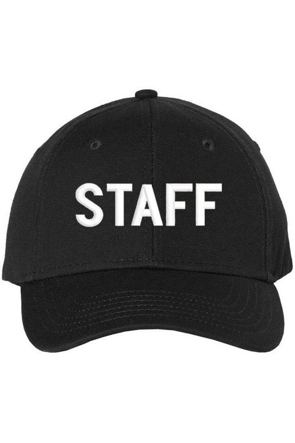 Staff Embroidered Baseball Cap | Large Text Workforce Employee Team Group Structured Hat (Black/White)