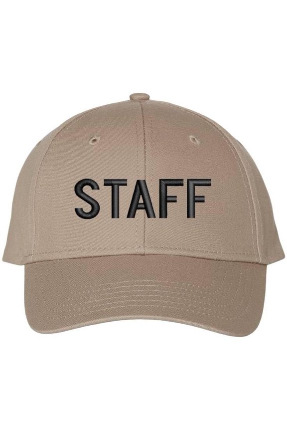 Staff Embroidered Baseball Cap | Large Text Workforce Employee Team Group Structured Hat (Khaki/Black)