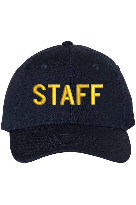Staff Embroidered Baseball Cap | Large Text Workforce Employee Team Group Structured Hat (Navy/Gold)