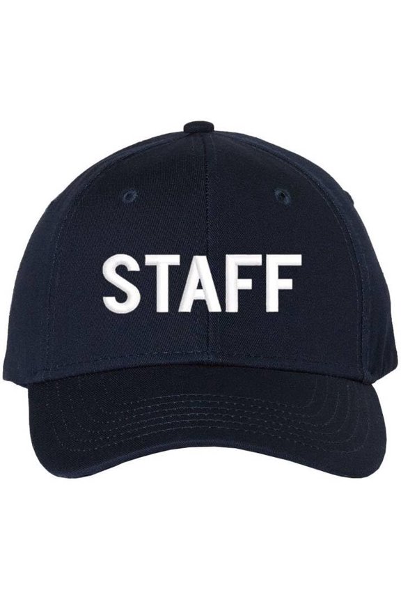 Staff Embroidered Baseball Cap | Large Text Workforce Employee Team Group Structured Hat (Navy/White)
