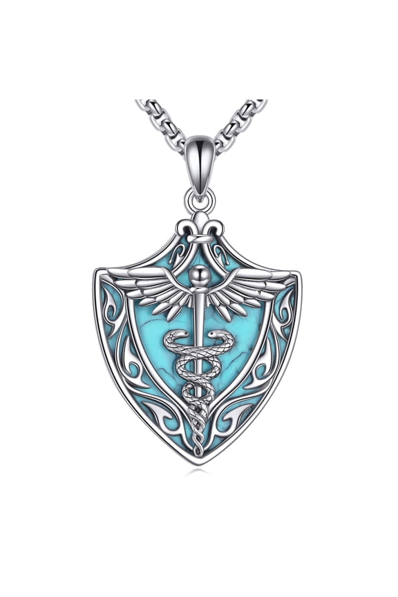 Staff of Caduceus Necklace 925 Sterling Silver Shield Staff Angel Wings Pendant Talisman Nurse's Day Christmas Gifts for Nurses