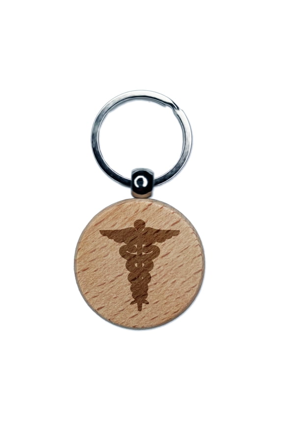 Staff of Hermes Silhouette Caduceus Medical Symbol Round Keychain Charm Tag - Engraved Wood
