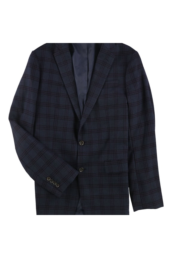 Mens Classic Fit Plaid Two Button Blazer Jacket, Blue, 40 Long