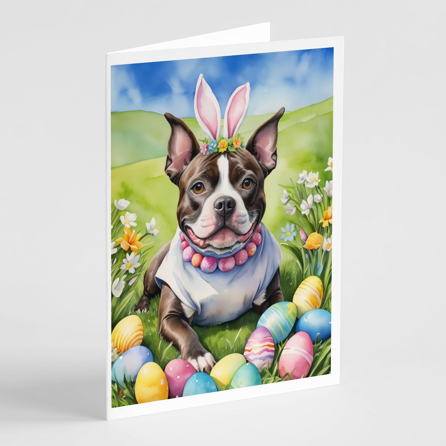 Staffordshire Bull Terrier Easter Egg Hunt Greeting Cards Pack of 8 7 in x 5 in