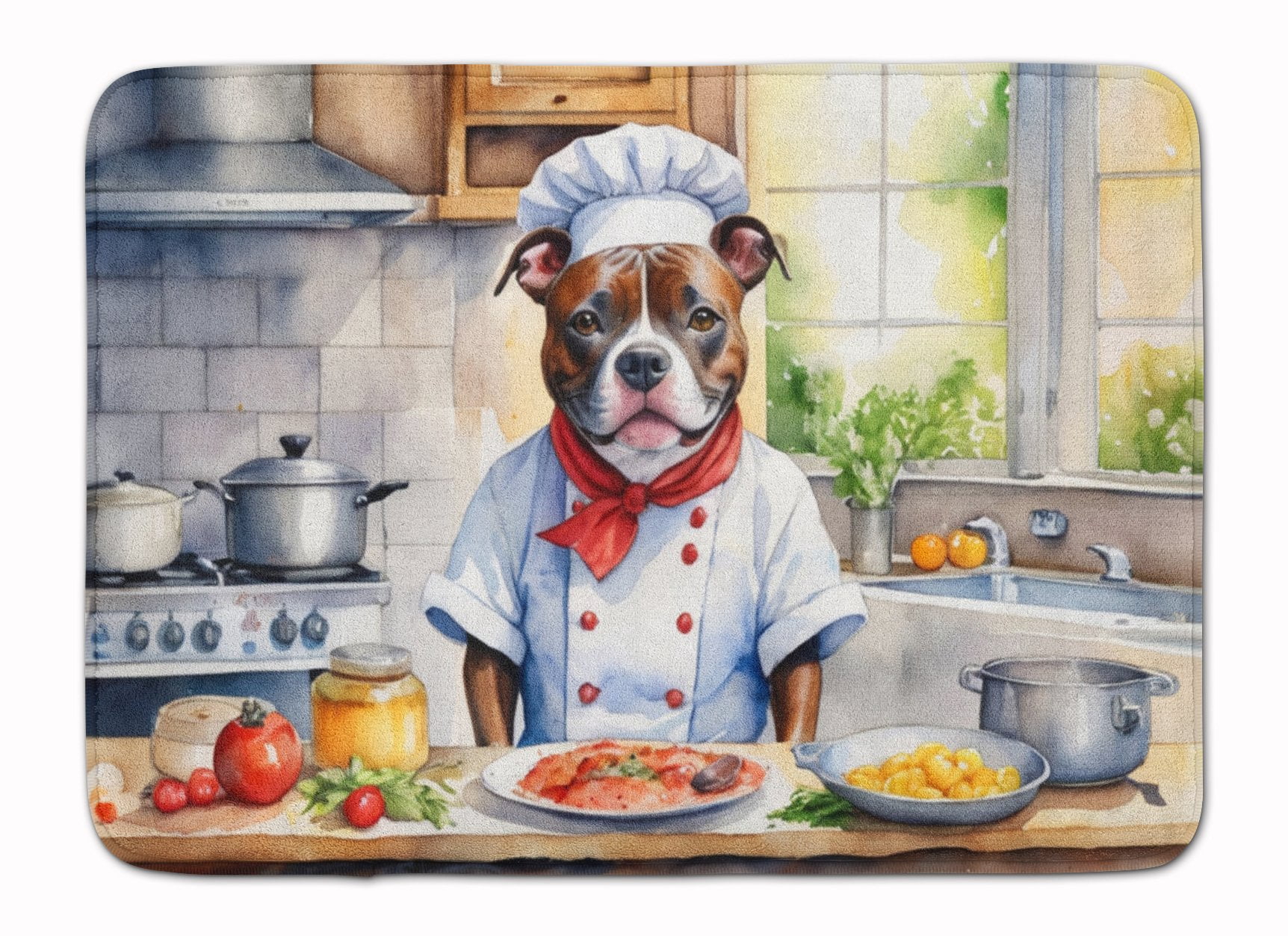 Staffordshire Bull Terrier The Chef Memory Foam Kitchen Mat 27 in x 19 in
