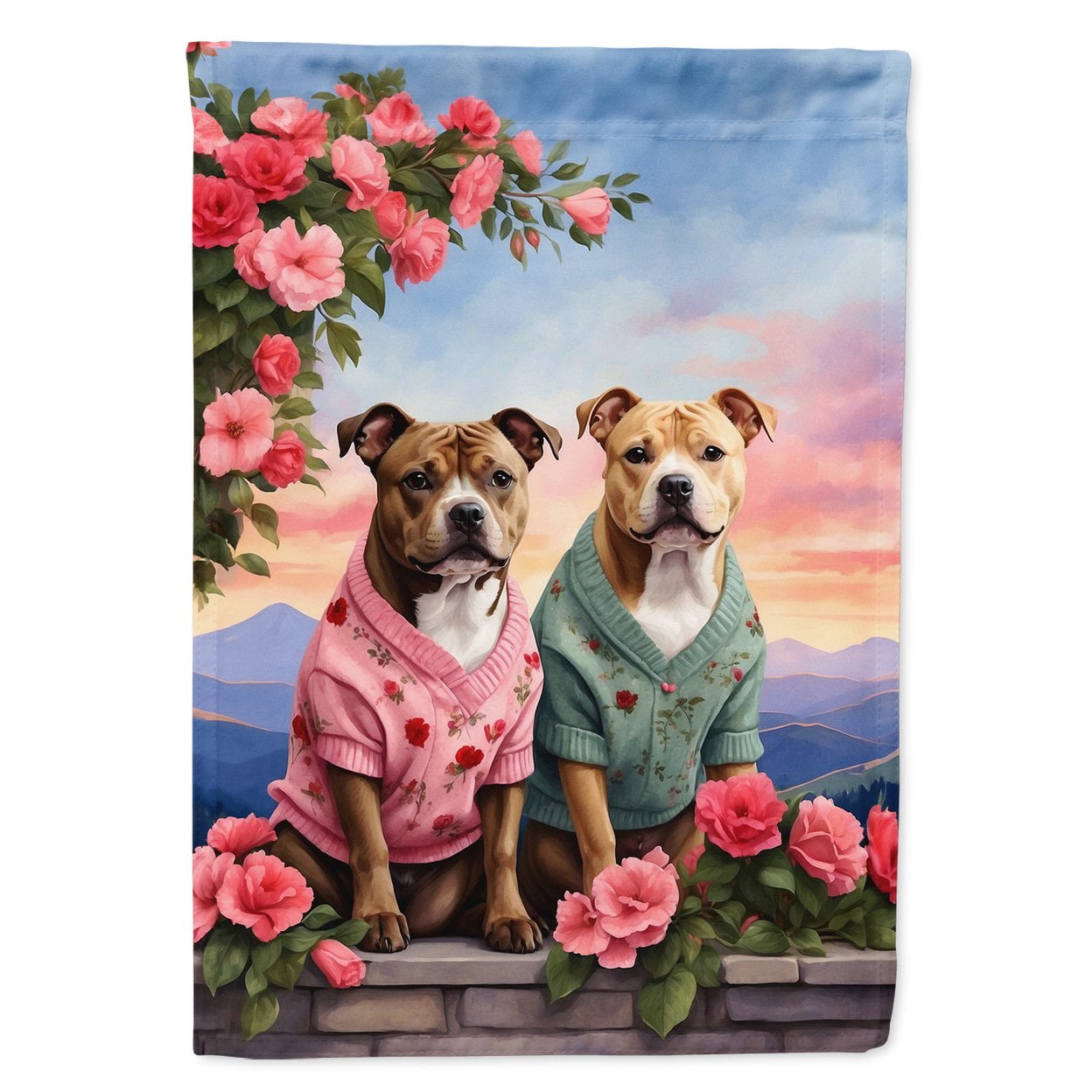Staffordshire Bull Terrier Two Hearts House Flag 28 in x 40 in