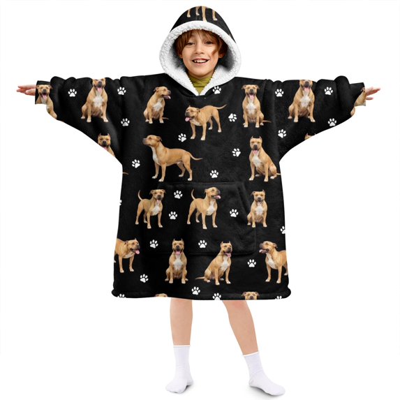 Staffordshire Terrier and Dog Paw Print Lamb Fleece Blanket Hoodies for Teens ,Teens Oversize Sherpa Wearable Hooded Blanket Sweatshirt with Super Pockets