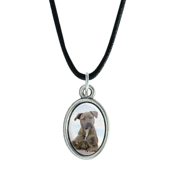 Staffy Staffordshire Bull Terrier Dog Sandy Beach Antiqued Oval Charm Pendant with Black Satin Cord