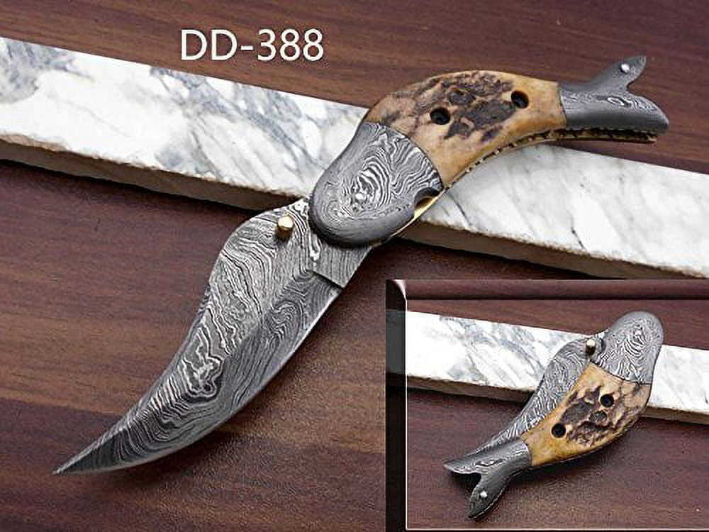 Stag Anteler & Damascus bolster scale Damascus steel hand forged custom 8  folding pocket fish knife 4 blade, cow hide leather sheath 