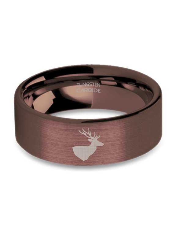 Stag Antlers Head Engraved Copper Brown Brushed Tungsten Ring, 8mm, Size 15