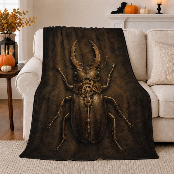 Stag Beetle with Gold Gear Details, Dramatic Steampunk Style for Insect Lovers, Dark Mechanical Beetle Motif and Birthday Gift, Soft Flannel Blanket for Study Room and Bedroom, Home Decor