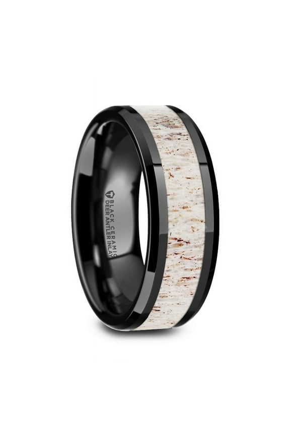 Stag Black Ceramic Beveled Mens Wedding Band With Off White Antler Inlay