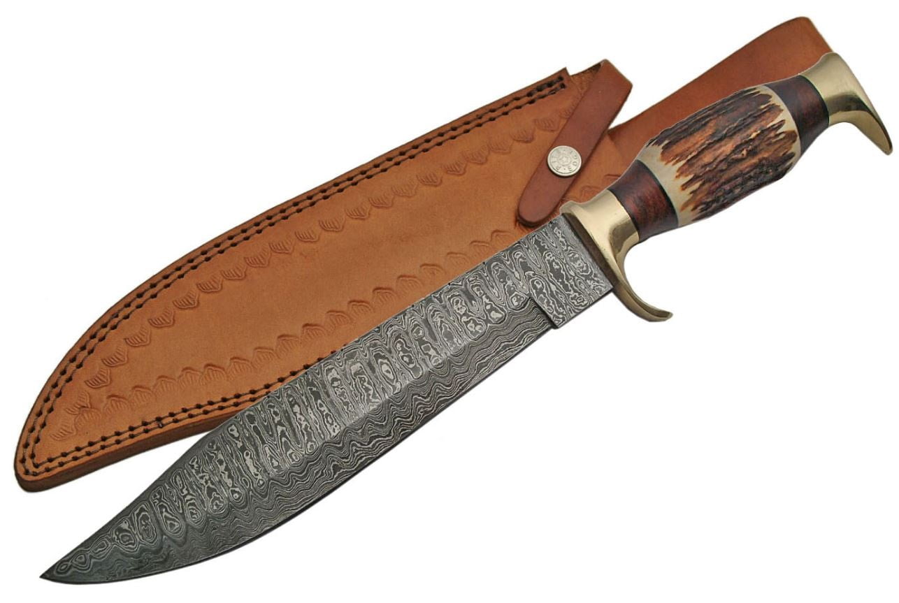 SANZ 16.25" Damascus Steel Blade Hunting Knife With Stag Handle, Full Tang With Leather Sheath