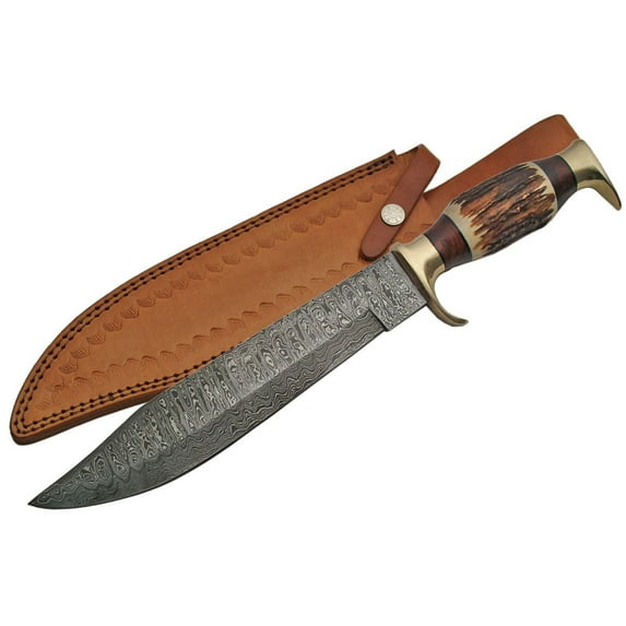 SANZ 16.25" Damascus Steel Blade Hunting Knife With Stag Handle, Full Tang With Leather Sheath