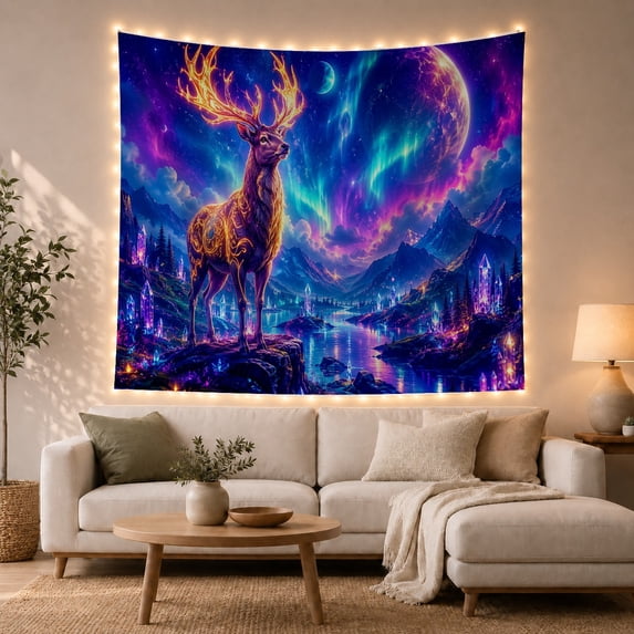Stag in Cosmic Landscape, Mystical Ethereal Fantasy, for Space Lovers, Celestial Home Decor, Housewarming Gift, Tapestry Wall Hanging for Bedroom, Living Room and Dorm