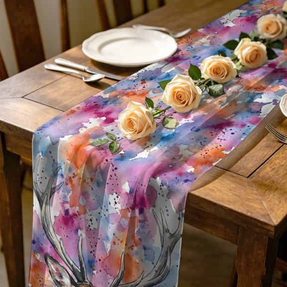 Stag Deer Head 10 ft Cheesecloth Table Runner for Wedding 27"x120", Animal Boho Splatter Background Kitchen Dinner Sheer Tulle Chiffon Dresser Scarf, Holiday Party Decorations