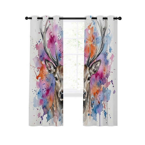 Stag Deer Head Blackout Curtains for Bedroom Living Room, Animal Boho Splatter Background 54 In Long Thermal Insulated Room Darkening Drapes Grommet Window Treatments, 42 x 54 In