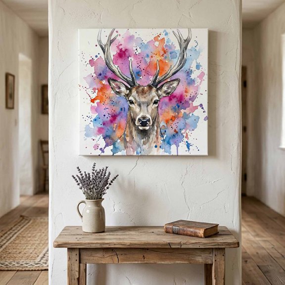 Stag Deer Head Canvas Wall Art for Living Room Bedroom Bathroom, Animal Boho Splatter Background Canvas Art Wall Decor, Artwork for Walls Home Office Decor, 8"x8"