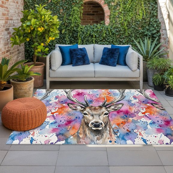 Stag Deer Head Indoor Outdoor Rugs 3x5 Ft, Animal Boho Splatter Background Outdoor Patio Rugs Mat Washable Outside Area Rugs Carpet for Porch Deck RV Camping Pool Balcony Backyard