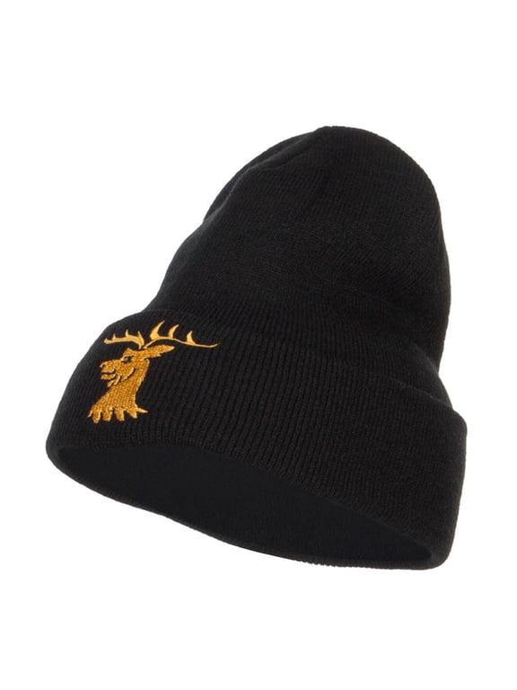 Stag Emblem Embroidered Long Beanie - Black OSFM