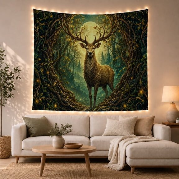 Stag with Full Moon in Mystical Forest, Dreamy Fantasy for Nature Lovers, Magical Forest Art, Housewarming Gift, Tapestry Wall Hanging for Bedroom and Living Room