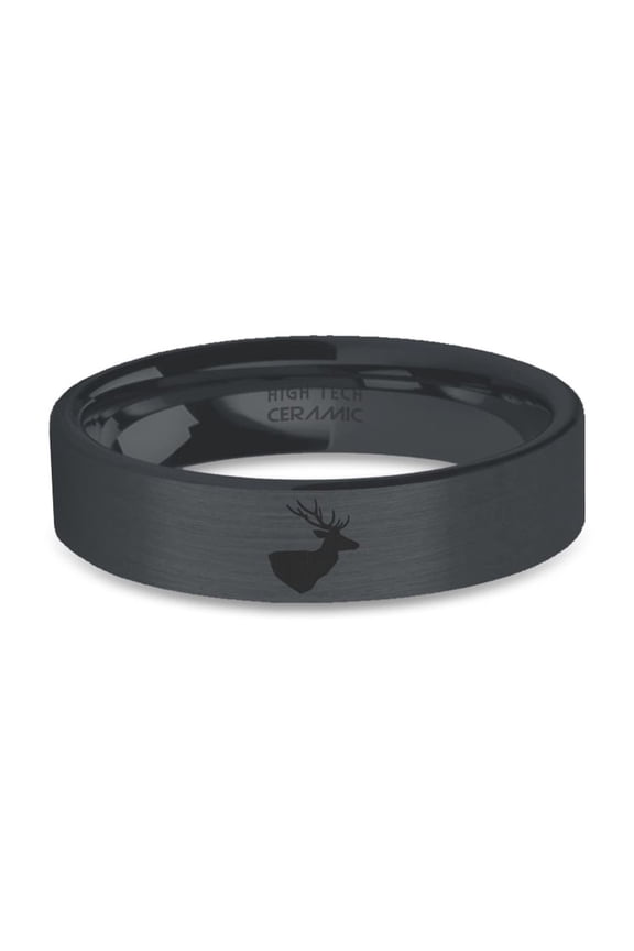 Stag Head Deer Engraved Black on Black Brushed Ceramic Wedding Ring, 6mm, Size 4.5