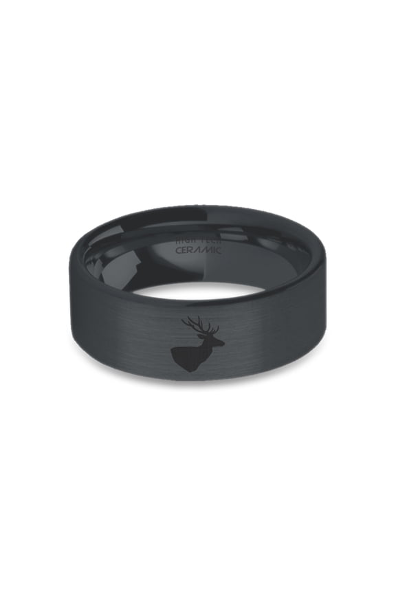 Stag Head Deer Engraved Black on Black Brushed Ceramic Wedding Ring, 8mm, Size 15