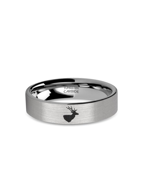 Stag Head with Antlers Laser Engraved Brushed Tungsten Carbide Ring, 6mm, Size 4.5
