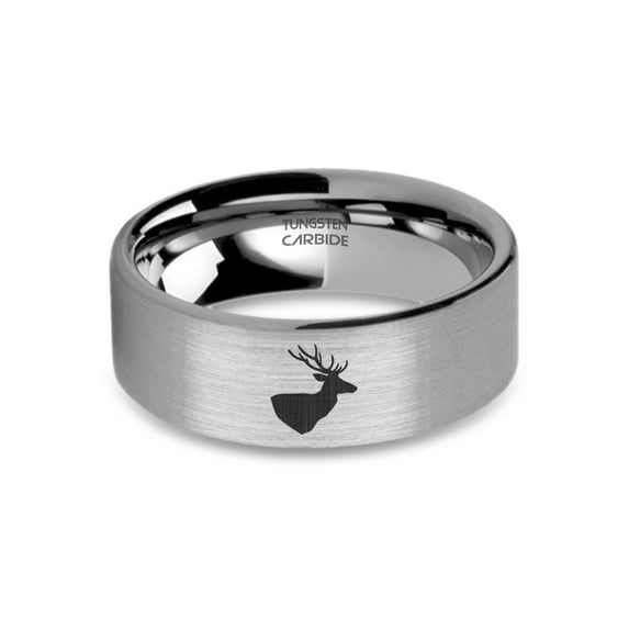 Stag Head with Antlers Laser Engraved Brushed Tungsten Carbide Ring, 8mm, Size 9