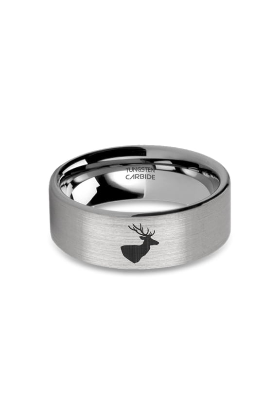 Stag Head with Antlers Laser Engraved Brushed Tungsten Carbide Ring, 8mm, Size 9