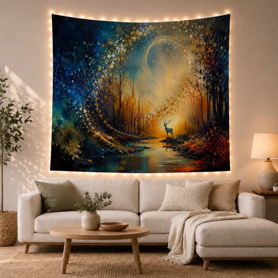 Stag Prominent Antlers with Standing Rocky Shoreline, Mystical Fantasy for Space Lovers, Aesthetic Wall Decor, Mother'S Day Gift, Tapestry Wall Hanging for Dorm and Living Room