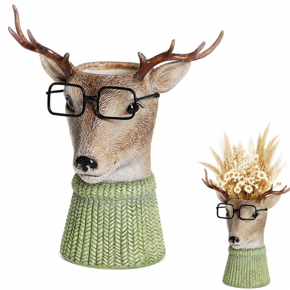 Stag Resin Head Vase with Molded Glasses and Sweater Rustic Farmhouse Floral Decor