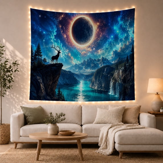 Stag Silhouette on Cliff with Cosmic Eclipse Sky and Waterfalls, Mystical Fantasy Art for Nature Lovers, Wall Decor Housewarming Gift, Tapestry Wall Hanging for Bedroom and Living Room