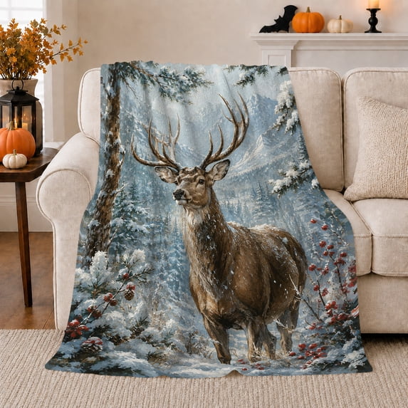 Stag Standing in Snowy Mountain Forest with Red Berries, Regal Rustic Wildlife Art for Deer Lovers, Warm Flannel Blanket for Cabin and Lodge, Father's Day Gift, Home Decor