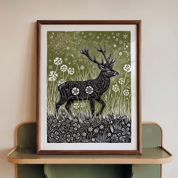 Stag Wall Art Print, Deer Linocut Poster, Olive Green Woodland Wildlife Decor, Folk Nature Block Print, Poster Only