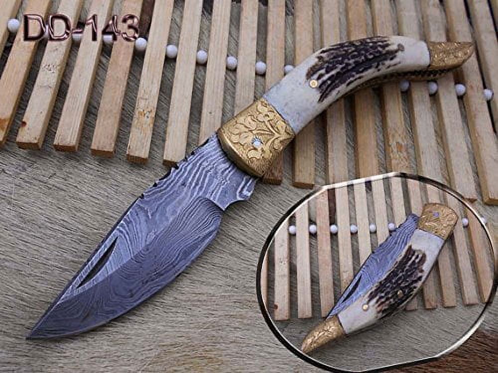 Stag antler with brass art work Exotic scale 7.3 Long Damascus Folding  knife 4 folded Hand Forged custom made, thick Cow leather sheath 