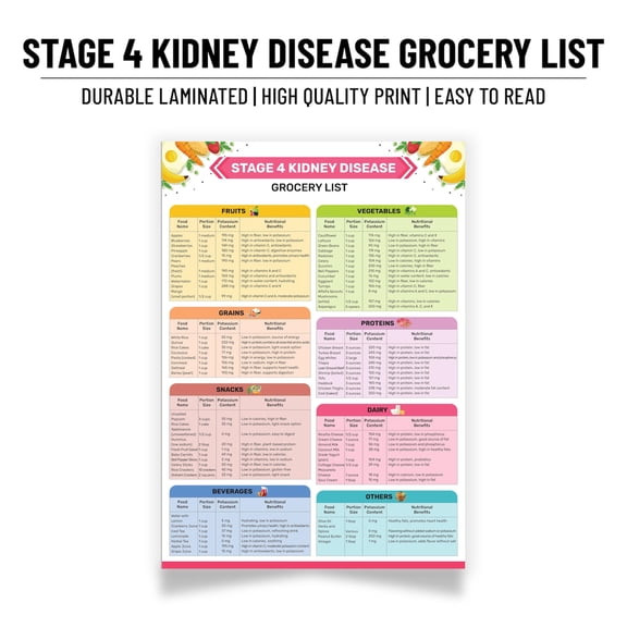 Stage Four Kidney Disease Grocery List Poster, Renal Diet Chart, Unframed Paper Poster 8x10in
