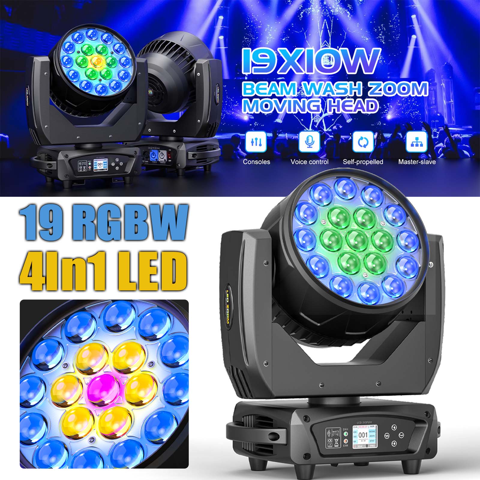 Stage Light, 19X10W RGBW LED Moving Head Lights, Wash Zoom Effect DJ