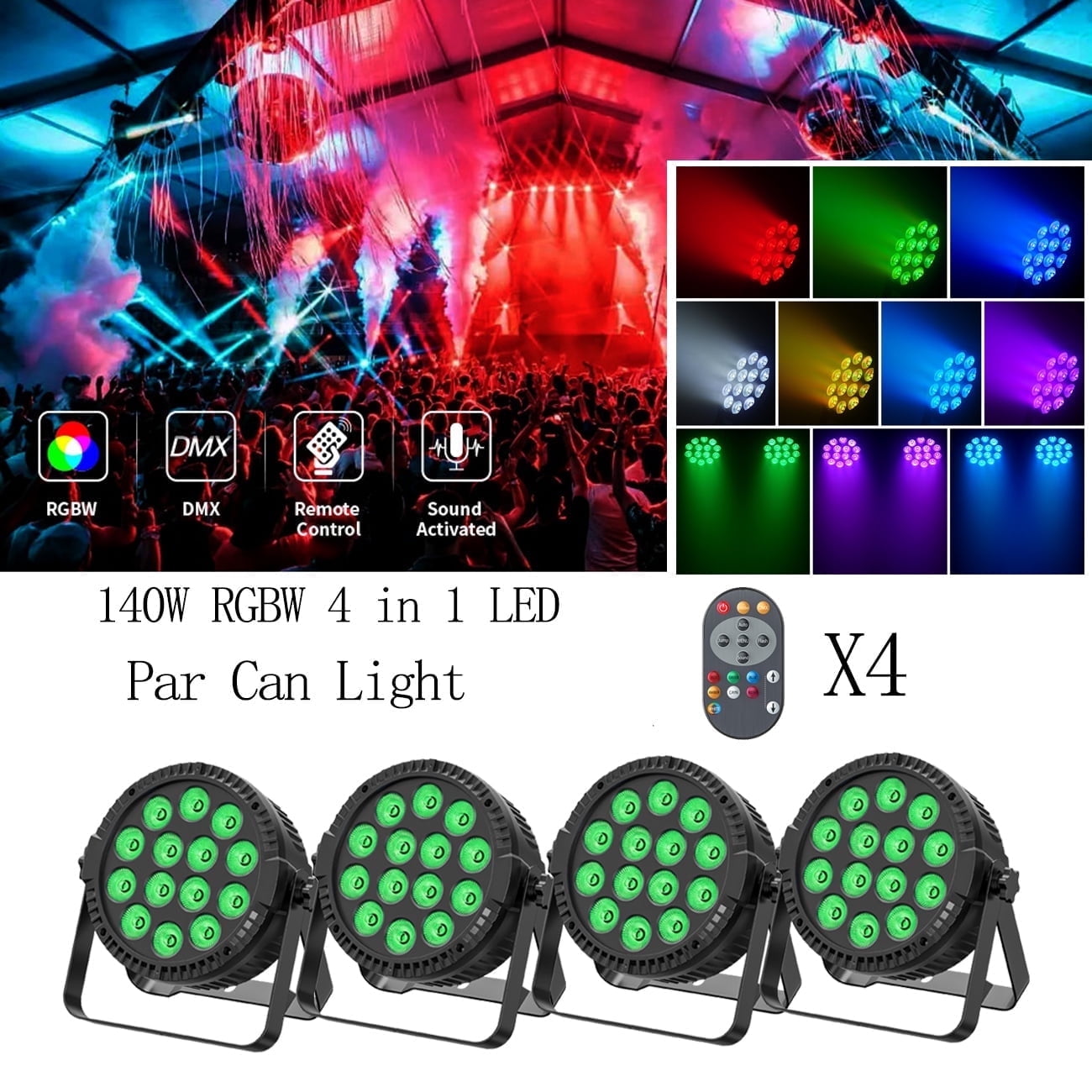 Stage Lights,14 DJ LED Par Light 4pcs RGBW Party Lights 4/8CH Uplights with Remote Control for Disco Dance Wedding Club Christmas Music Party Stage Lighting