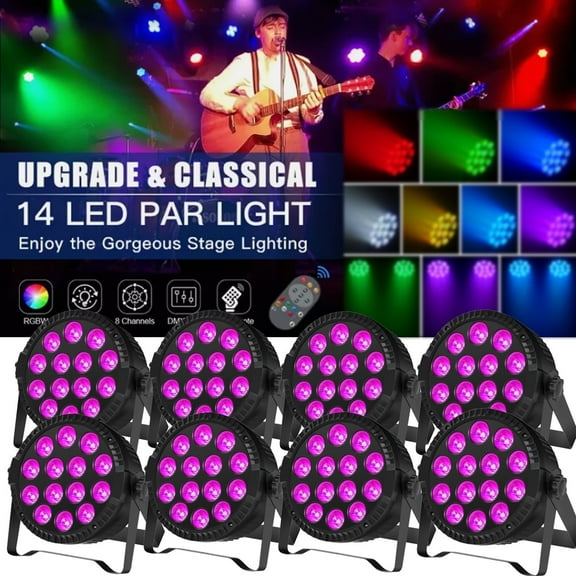Stage Lights,14 DJ LED Par Light 8pcs RGBW Party Lights 4/8CH Uplights with Remote Control for Disco Dance Wedding Club Christmas Music Party Stage Lighting