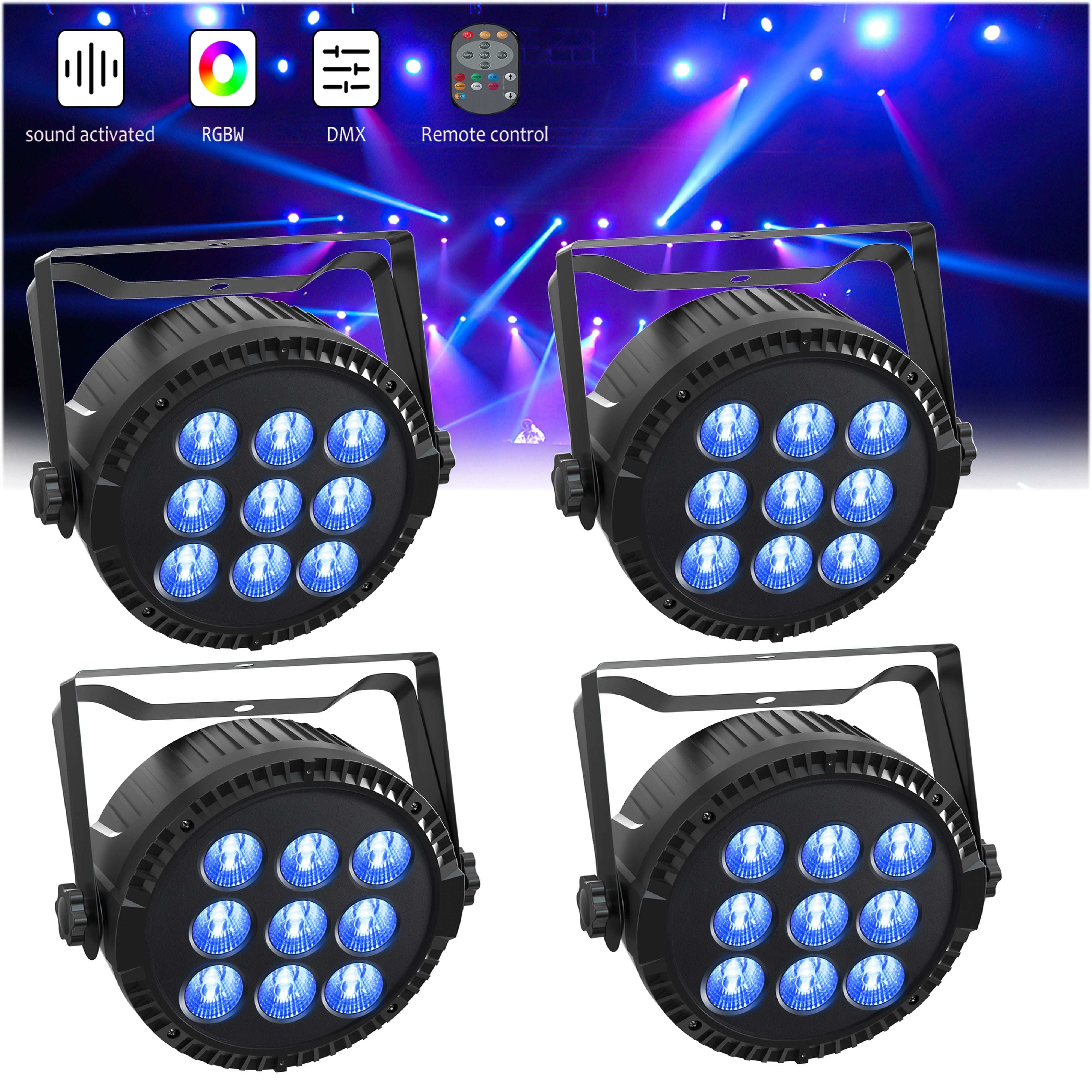 ​JAJALUYA Round DJ Par Light - 9LED RGBW DMX512 Sound-Active for Stage, Party, Bar (4-Pack)​​