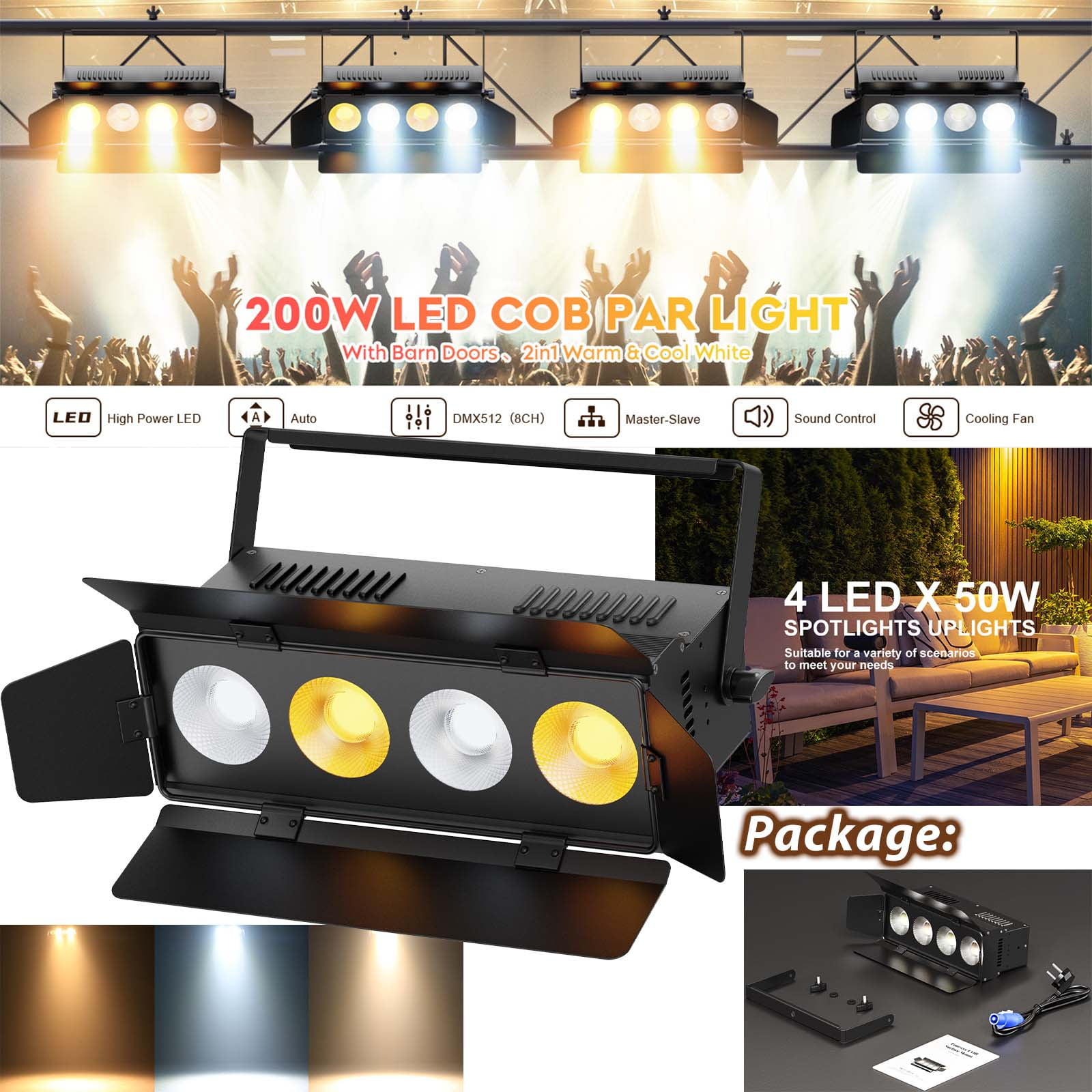 Stage Lights with Barn Doors, 200W COB 4LED Par Can Lights Spotlights