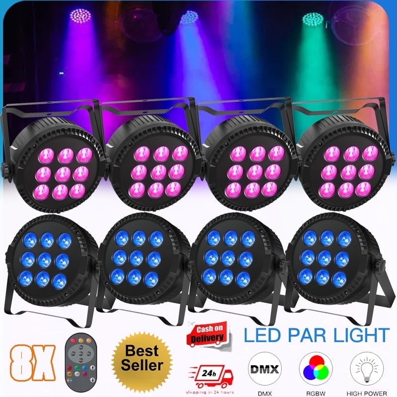 JAJALUYA Round 8-Pack RGBW 4in1 9LED DJ Par Light w/ Remote & DMX for Weddings/Stage