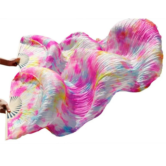 Stage Performance Dance Fans Silk Veils Colored Women Belly Dance Fan Veils (2pcs) Black+red Color Mixing