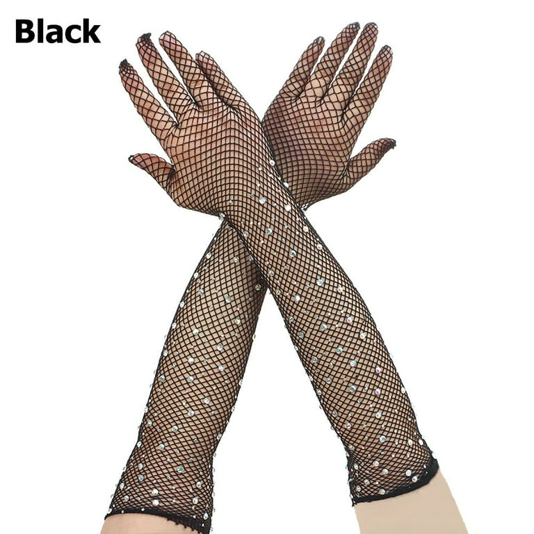 Stage Performance Flash Diamonds Bungee Colored Hollow Fishing Net Gloves  Mesh Gloves Women Gloves BLACK