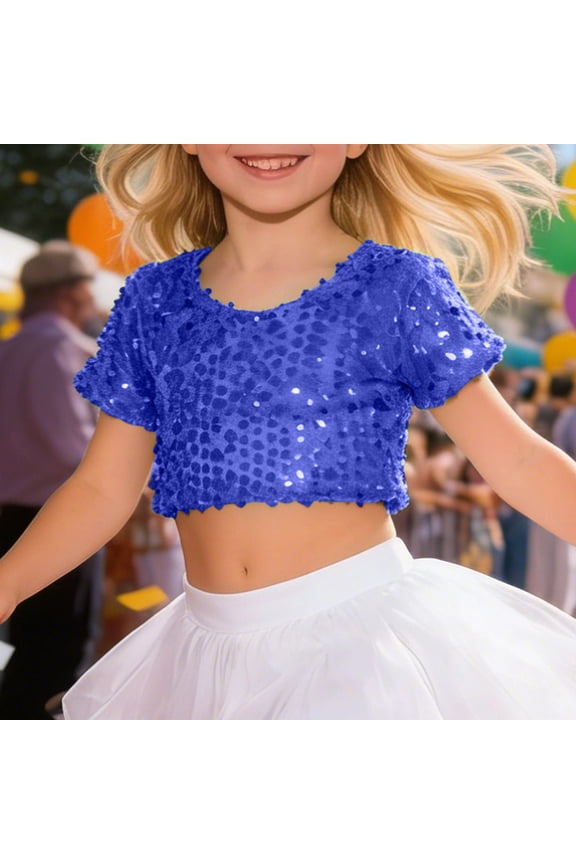 Stage Shirt Glitter Sequin Elastic Tee for Girls Performance Singing Dancing Show Crop Top