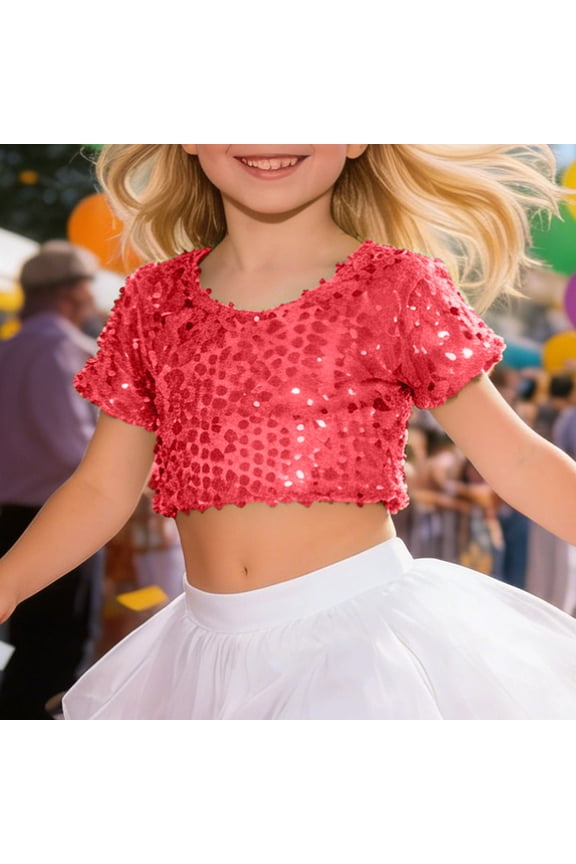 Stage Wear Girls Glitter Sequin Crop Top Elastic Short Sleeve Tee for Performance Singing Dancing Show