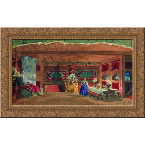 Stage design for Nikolai Rimsky-Korsakov's opera the 'The Tsar's bride' 24x16 Gold Ornate Wood Framed Canvas Art by Boris Kustodiev
